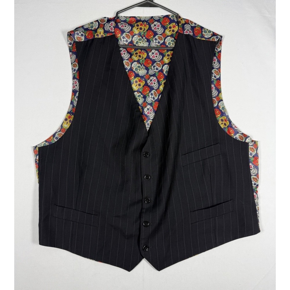 Indochino Vest Mens XL Black Striped Skull Floral Wool Belted 5-Button Waistcoat